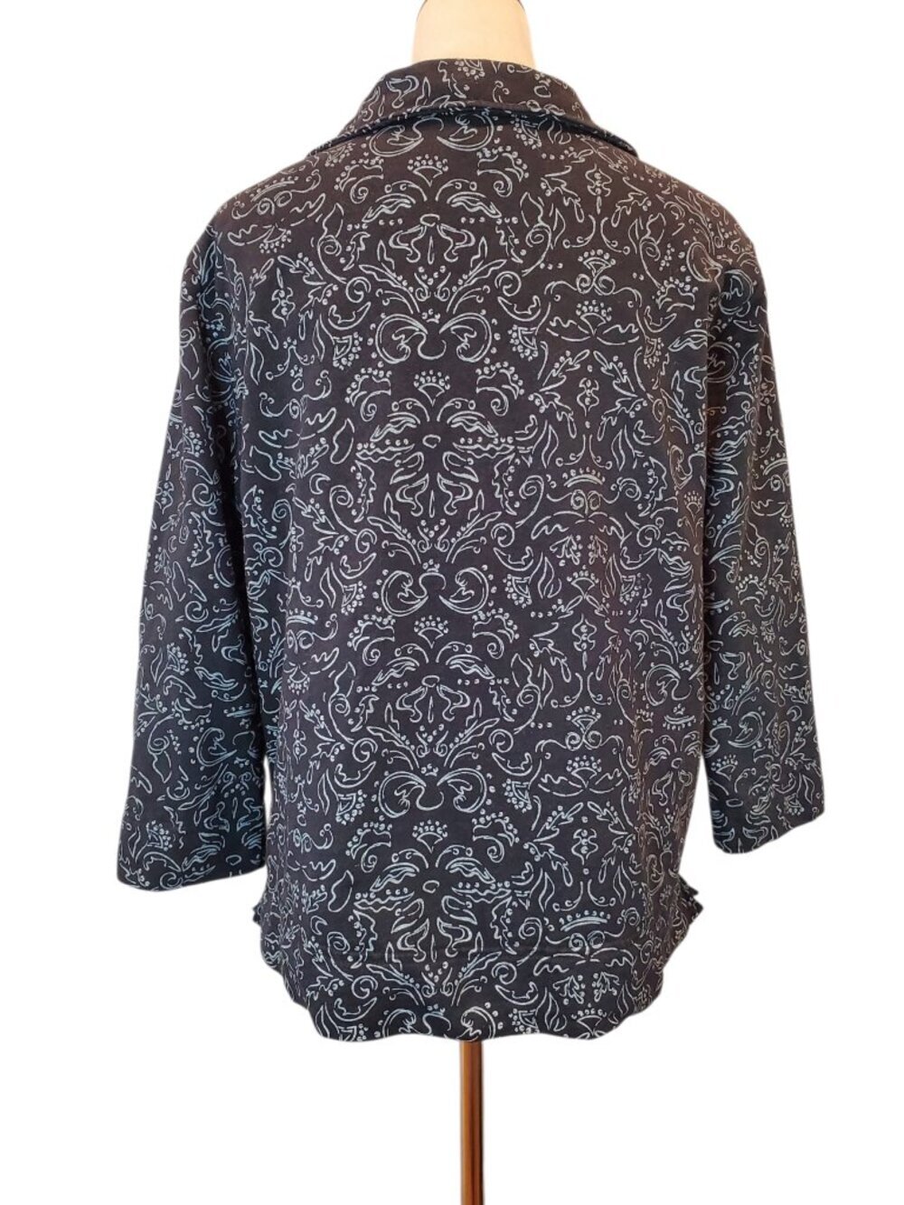 FRESH PRODUCE Button Front Top Black Scroll Print 3/4 Sleeve 100% Cotton - Picture 7 of 8